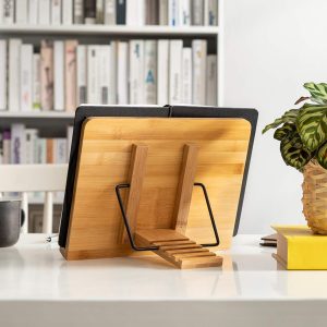 Rear view of adjustable bamboo cookbook stand with five angle slots