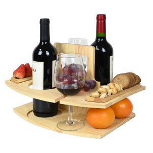 Portable Wooden Wine Picnic Table with Bottle and Glass Holders