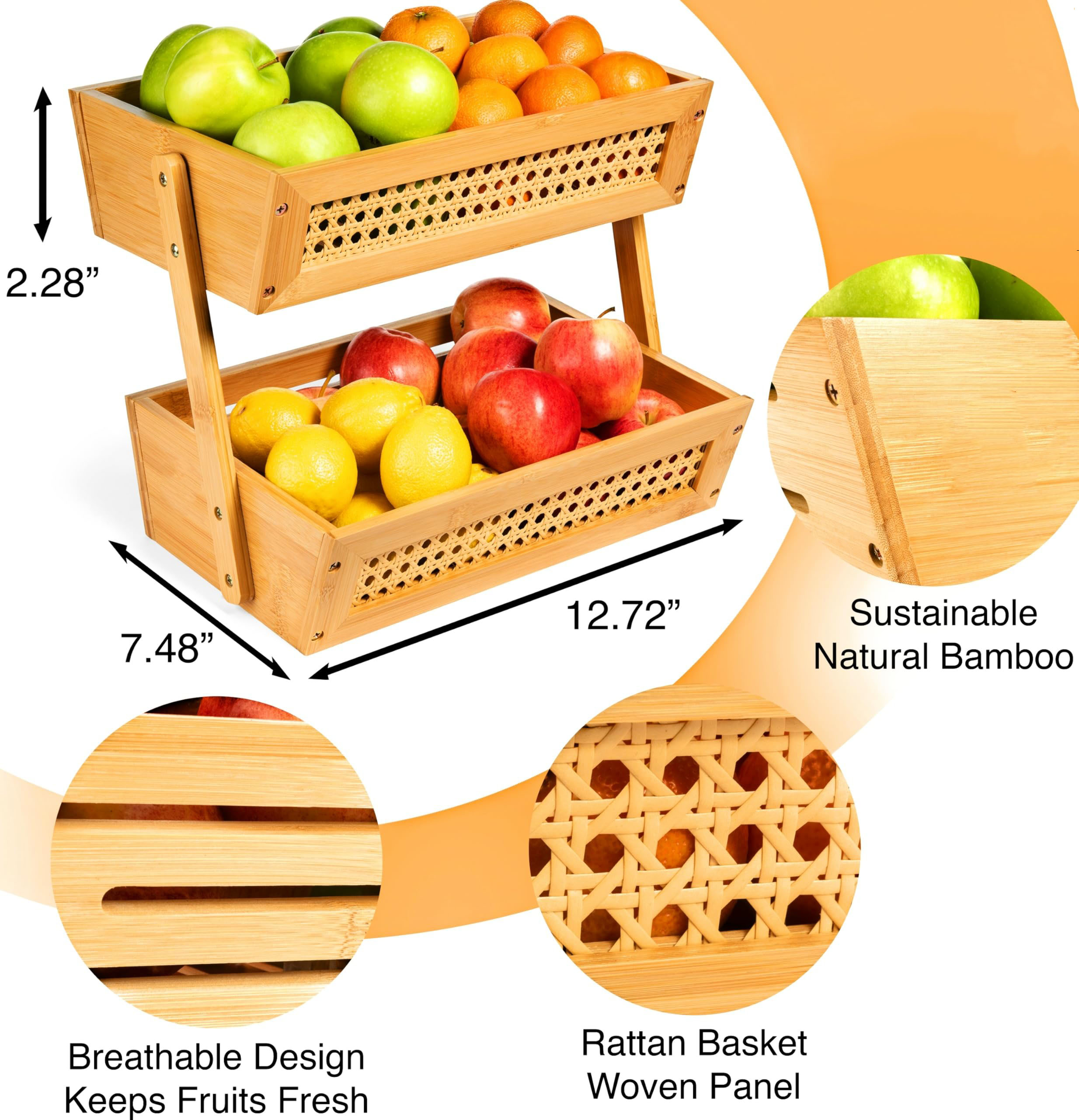 2 tier bamboo fruit basket dimension and material reference diagram