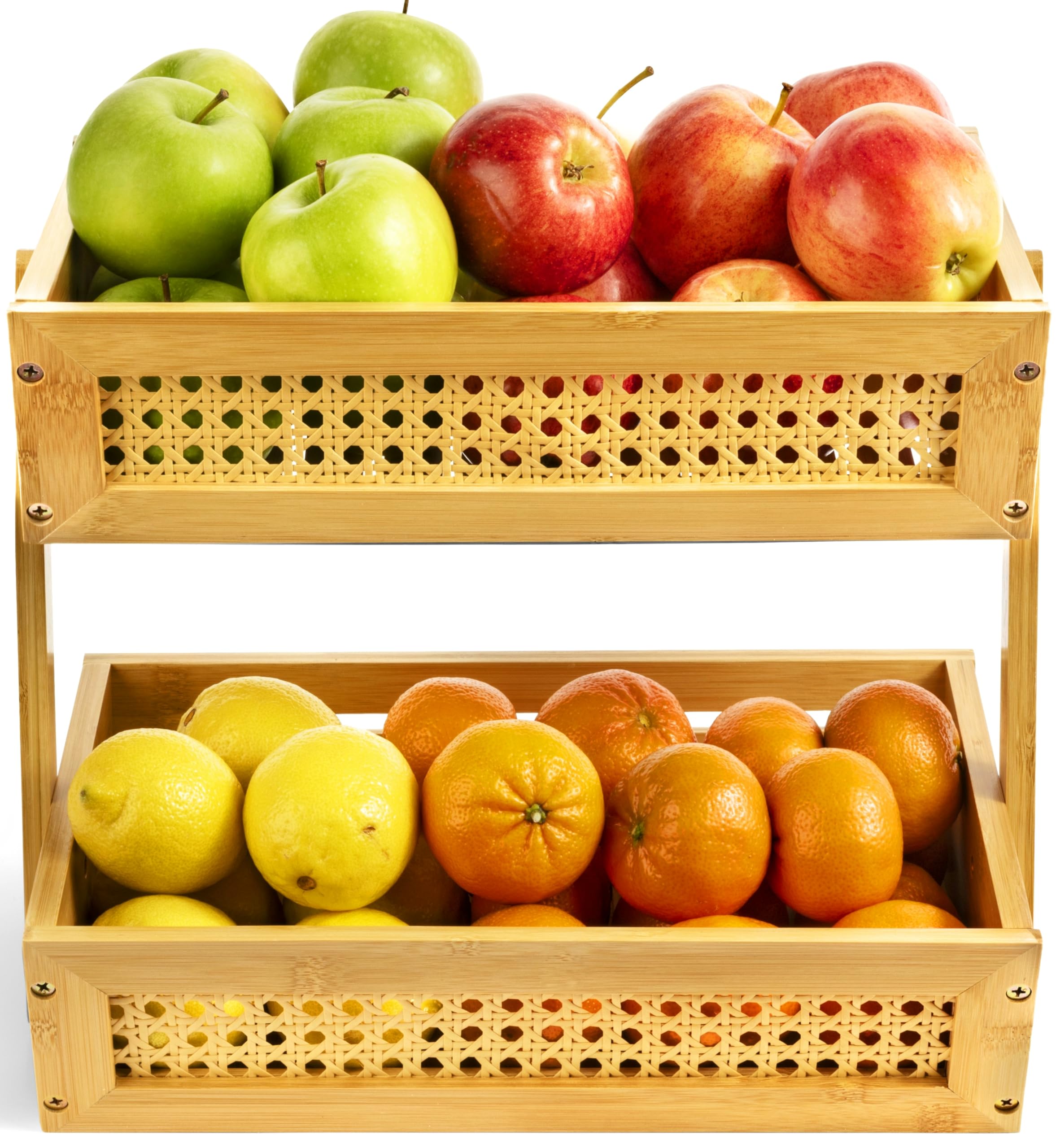 front view of a 2 tier bamboo fruit basket filled with apples and citrus