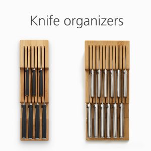Two compact bamboo knife drawer organizer variants displayed side by side on a white background
