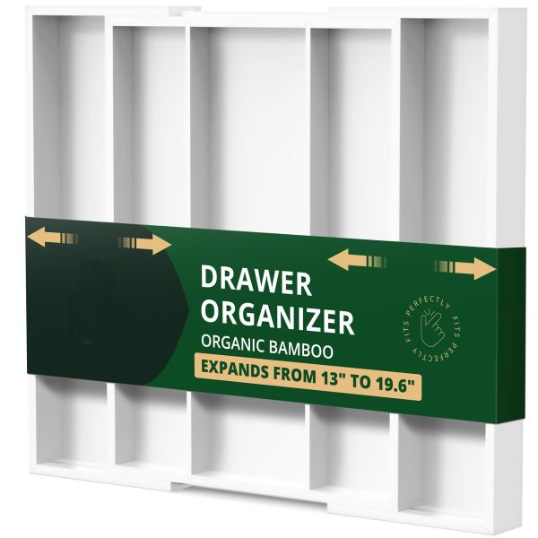 Expandable bamboo drawer organizer with retail sleeve showing 13 to 19.6 inch width