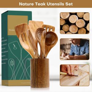 All-wood cooking utensils displayed in a cylindrical holder beside a green retail box