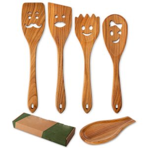 Custom wooden cooking utensils set with four smiley face tools, wooden spoon rest and gift packaging