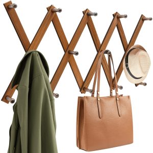 Expandable wooden accordion wall rack with coat, hat and bag on multiple pegs