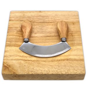 Mezzaluna knife and cutting board set with single curved blade, two wooden handles and concave wooden board