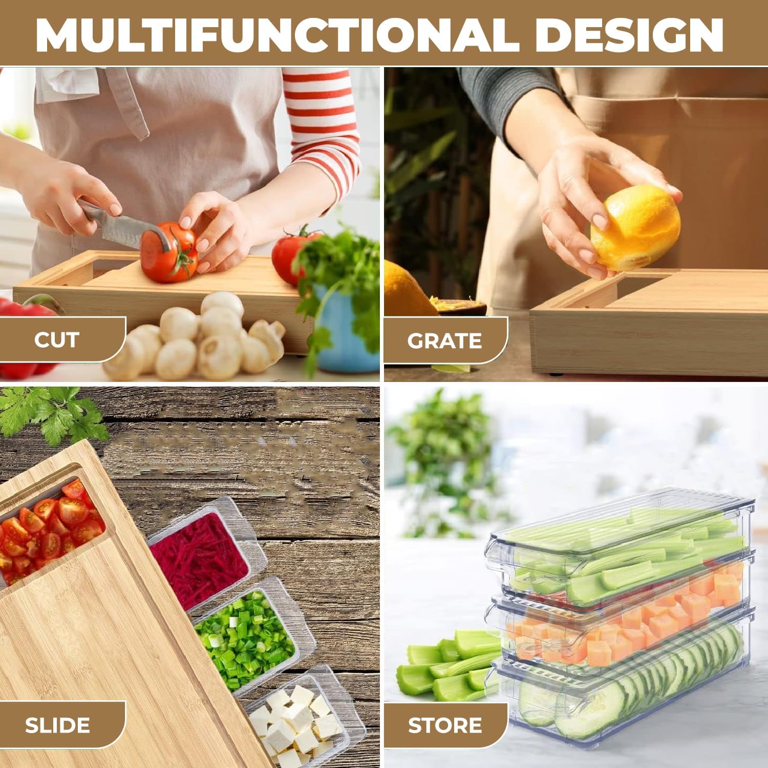 Bamboo prep board shown cutting, grating, sliding ingredients and storing them in containers