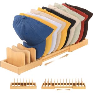 Expandable bamboo baseball cap organizer rack with removable dividers