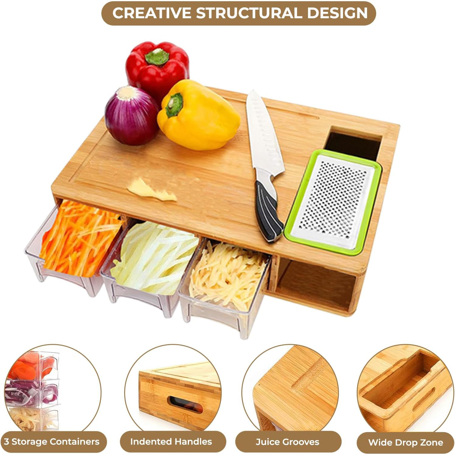 Bamboo cutting board with containers, juice groove, side handles and drop zone