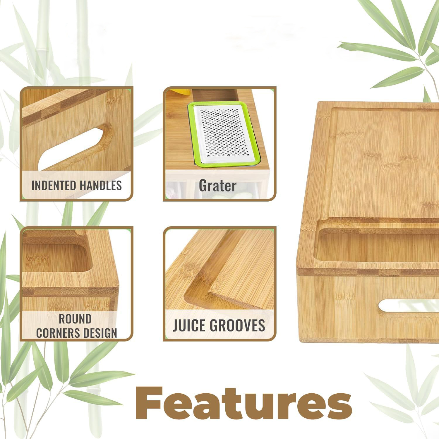 Bamboo cutting board feature graphic showing grater, indented handles, rounded corners and juice groove