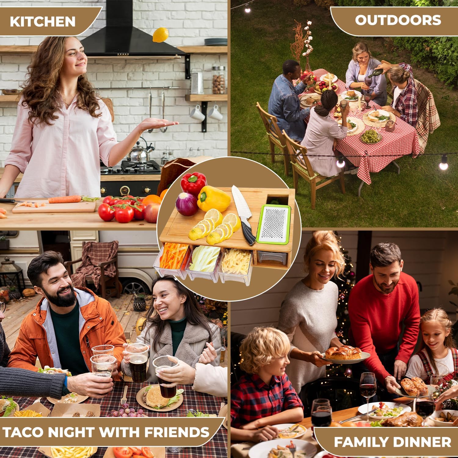 Lifestyle collage showing a bamboo cutting board with containers for kitchen and entertaining settings