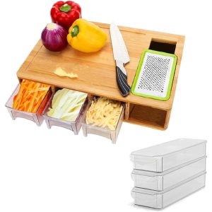 Bamboo cutting board with three clear slide-out containers, a green grater and vegetables