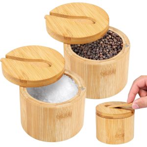Round bamboo salt and spice jar with rotating lid and small bamboo spoon