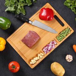 Bamboo cutting board with three compartments, meat, vegetables, juice groove and handle