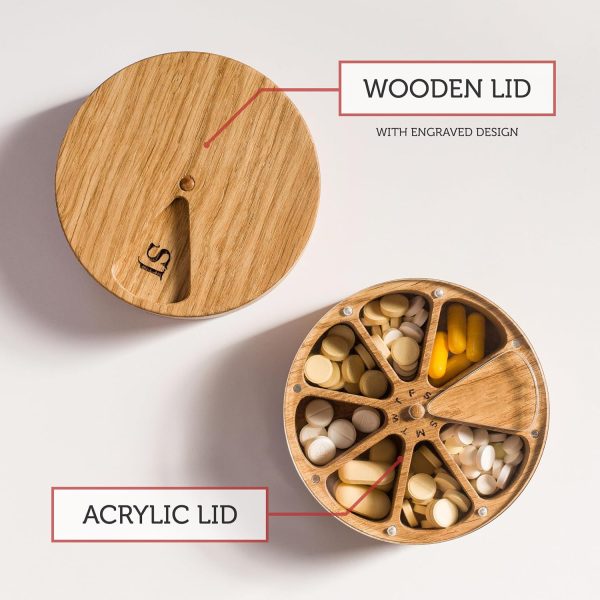 Round pill organizer comparison showing a wooden lid and a clear acrylic lid with access openings