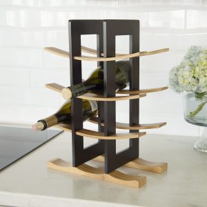 4 tier wine rack with light curved rails and dark central panels on a countertop