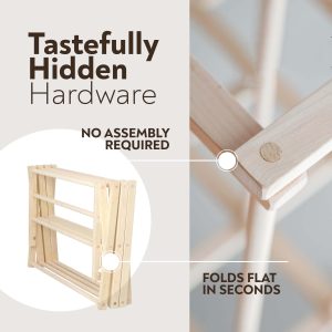 Folded wooden clothes drying rack beside a close-up of a wooden rail joint