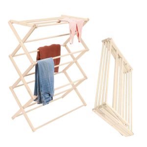 Light wood accordion clothes drying rack shown open with laundry and folded for storage