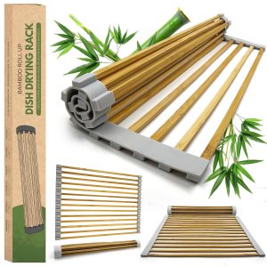 Over the sink drying rack with wood-toned bars, gray end strips and a tall retail box