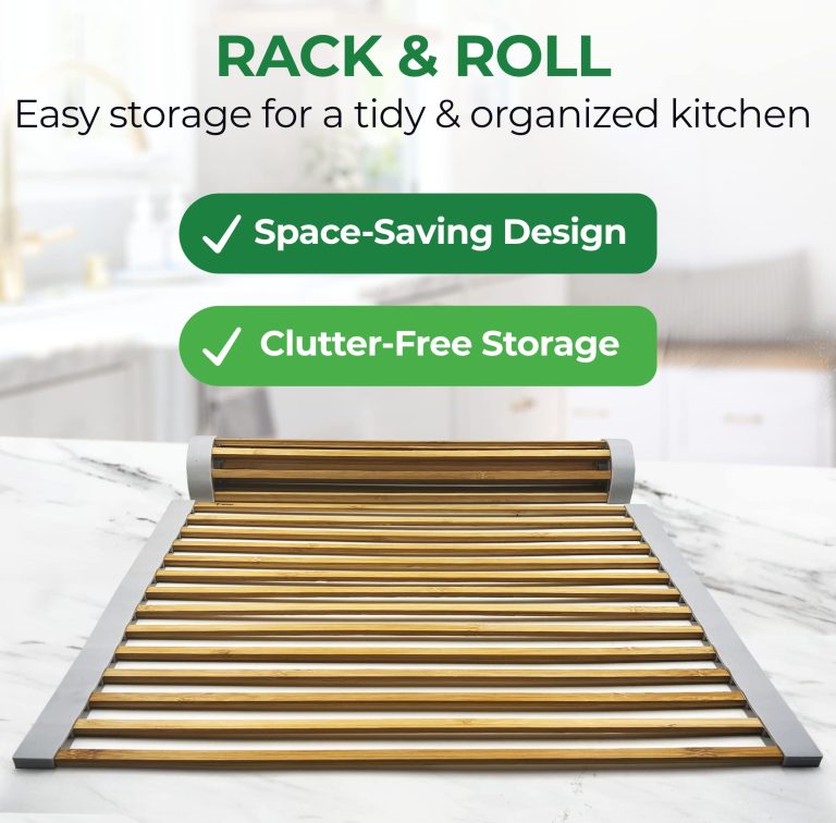 Roll up dish drying rack laid flat on a kitchen counter with one end rolled for storage