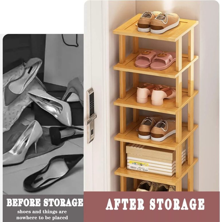 Vertical shoe rack holding shoes and stacked boxes beside a before-and-after storage comparison