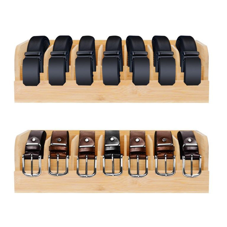 Two views of a bamboo belt organizer holding rolled black and brown belts in separate compartments