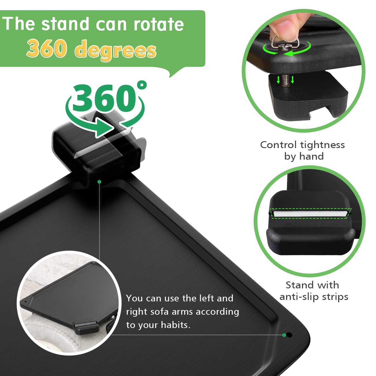 Couch arm tray phone holder shown with its hand-operated connecting screw and holder close-ups