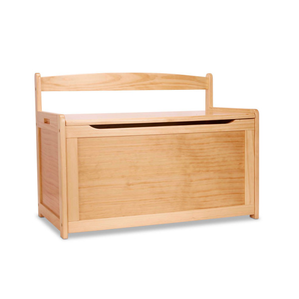 Light wood toy chest with a closed lid, long front opening and raised rear rail