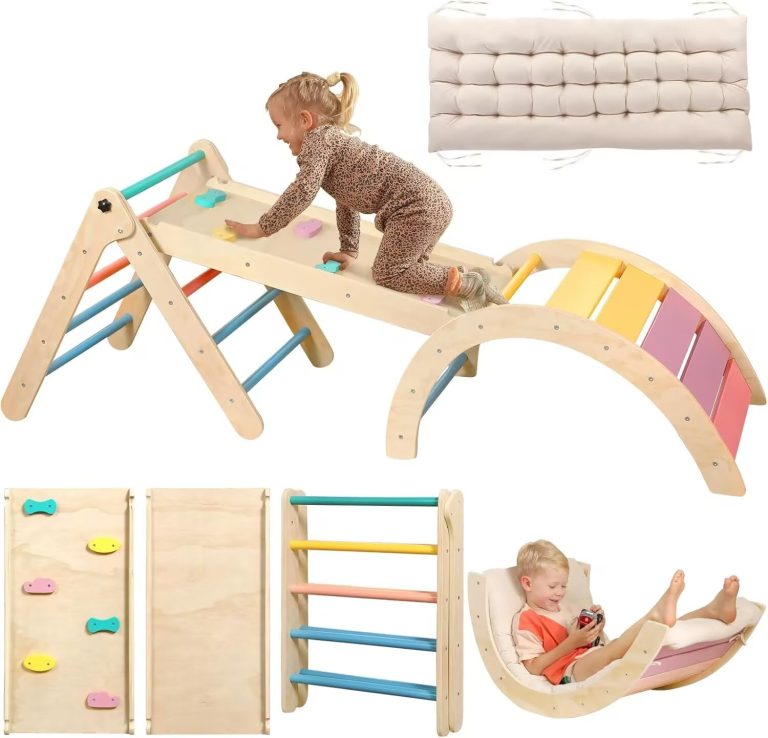 Colorful wooden climbing triangle set with a climbing board, curved slatted frame and cushion illustrations