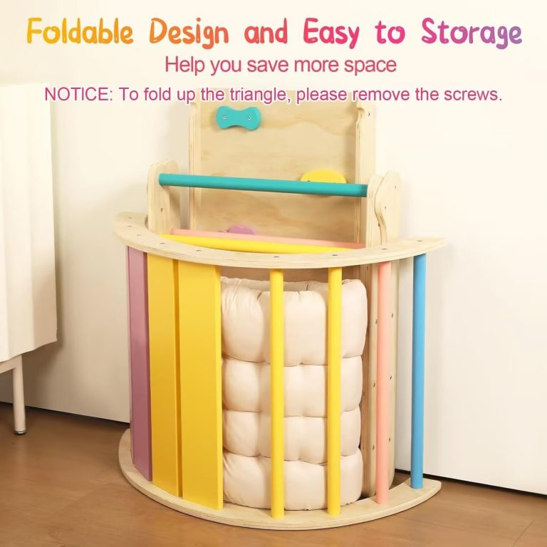 Climbing triangle components and a cushion arranged upright inside a colorful curved slatted frame