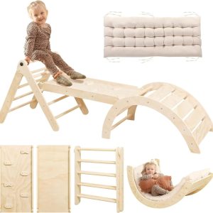 Wooden climbing triangle set in a natural finish with a connecting board, curved frame and cushion illustrations