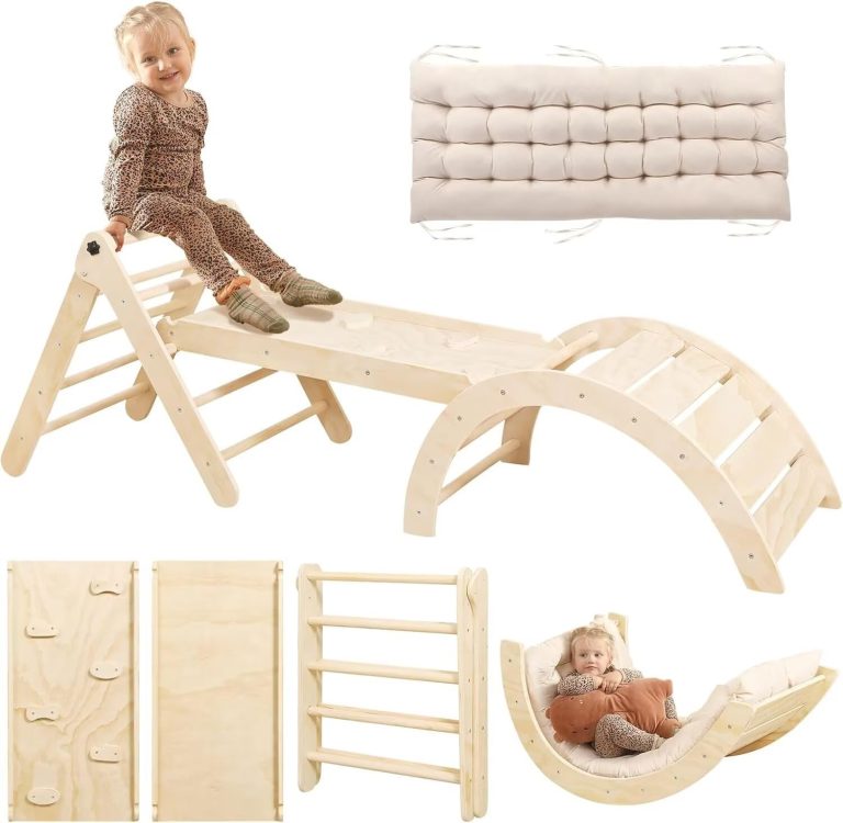 Wooden climbing triangle set in a natural finish with a connecting board, curved frame and cushion illustrations