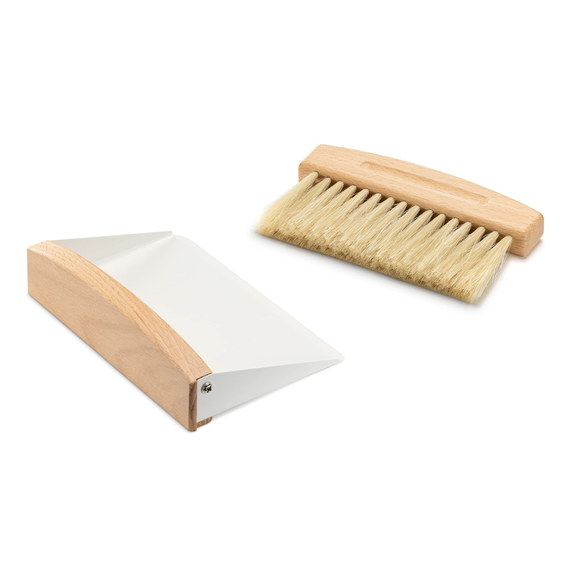 Wooden dustpan and brush set with a pale-bristled hand brush beside a white raised-side pan