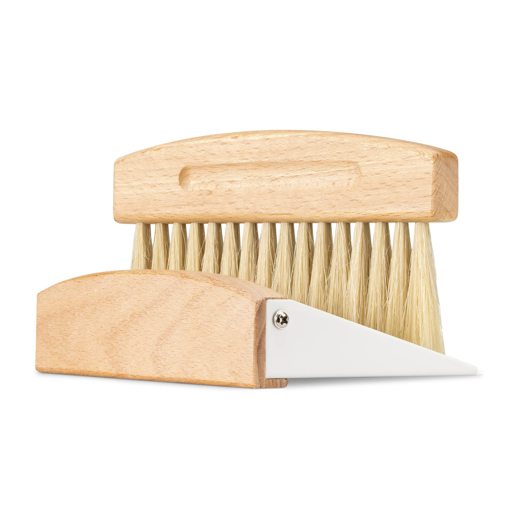 Wooden dustpan and brush set with a pale-bristled brush behind a white pan and wood-grain grip