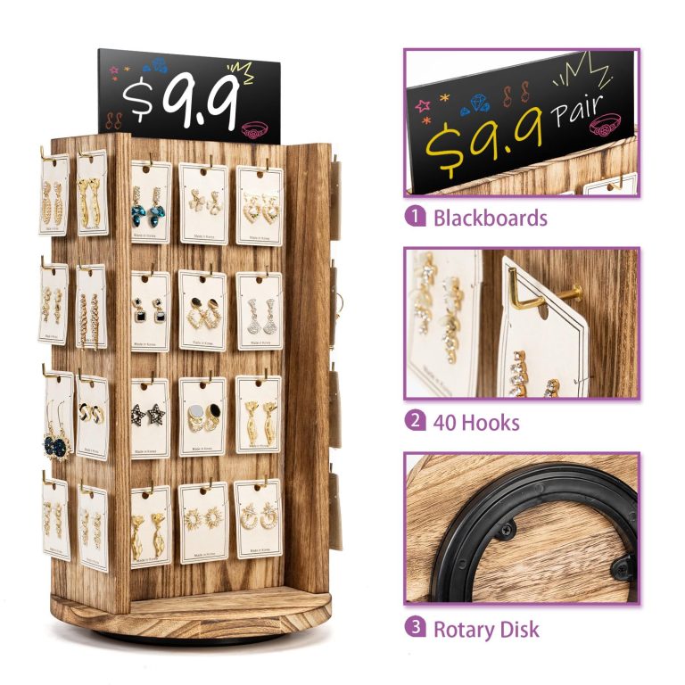 Wood jewelry display stand beside detail views of the sign panel, hooks and underside rotary ring