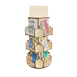 Wooden tabletop display stand with three tiers of clear-front pockets holding printed merchandise