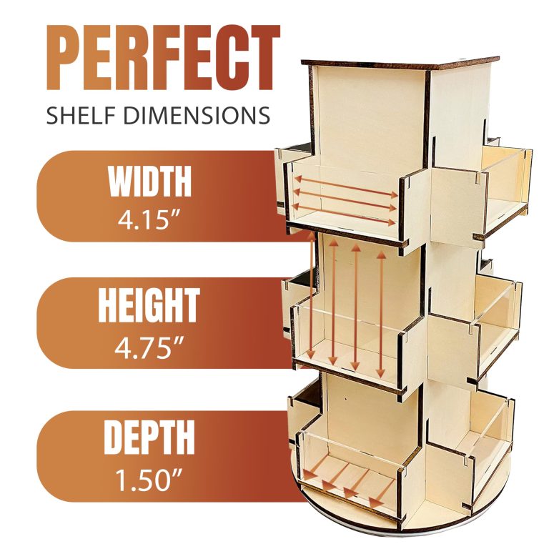 Empty tabletop display stand with three pocket tiers, transparent front panels and measurement arrows