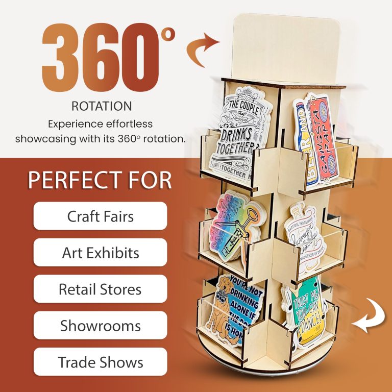 Loaded tabletop display stand with a blank header and source rotation arrows beside retail-use labels