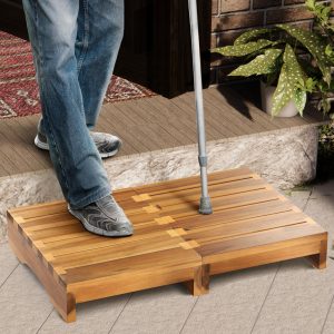 Wooden step stool with two adjacent slatted platforms staged at a doorway