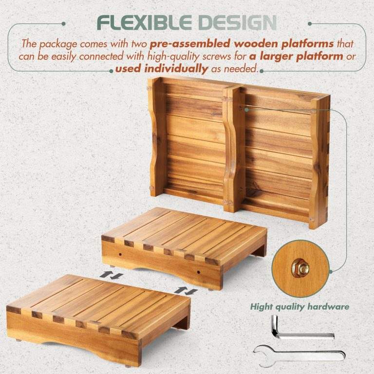 Supplied layout showing two slatted wooden platforms separated, an underside view and connection hardware detail