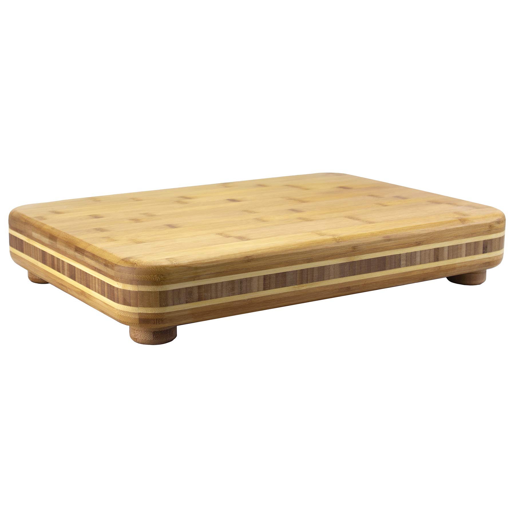 Angled view of a bamboo chopping board with rounded corners, a contrasting side band and short round feet