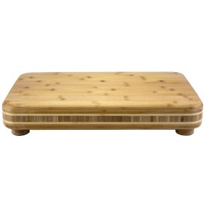 Bamboo chopping board with a flat rounded rectangular top, contrasting side band and short round feet
