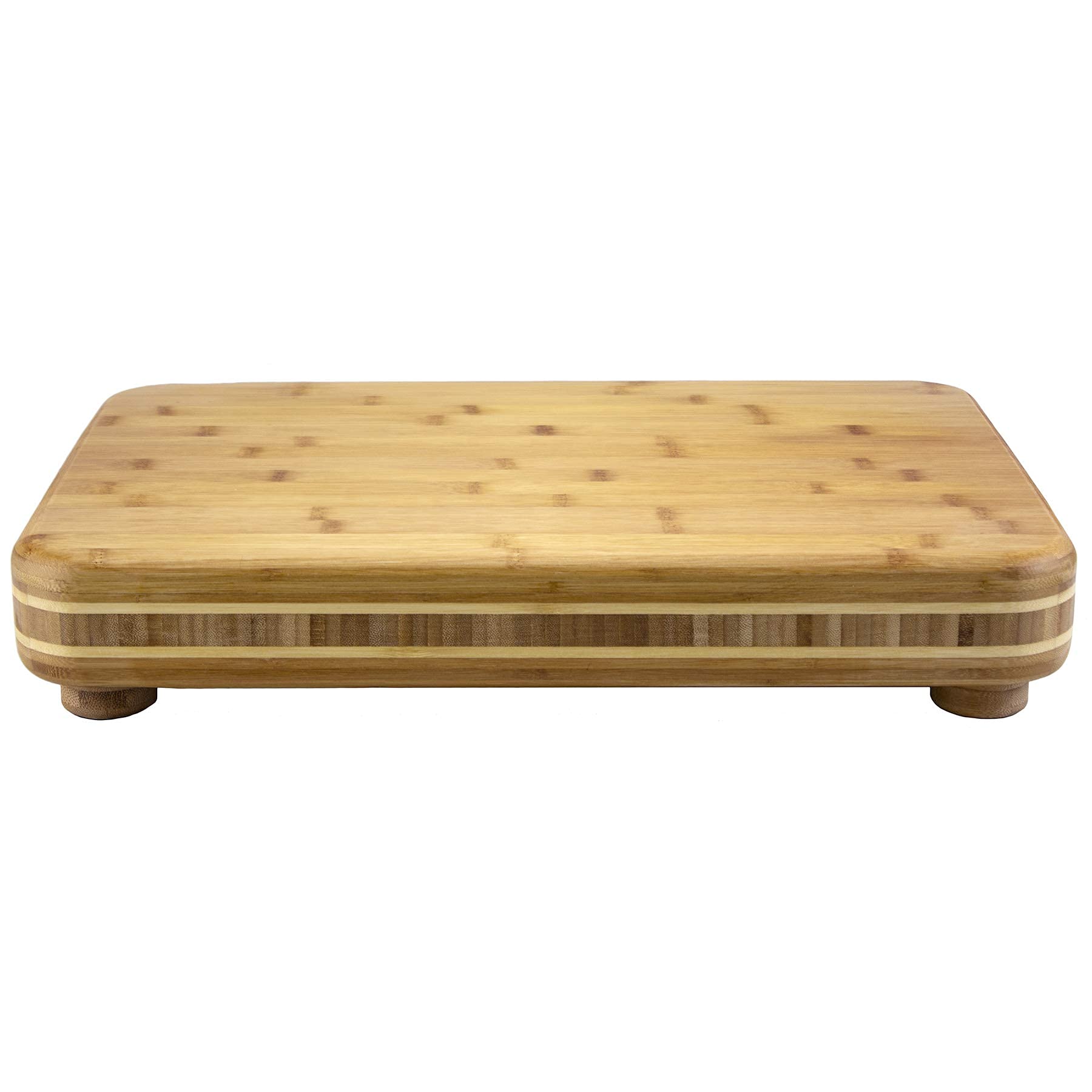 Bamboo chopping board with a flat rounded rectangular top, contrasting side band and short round feet