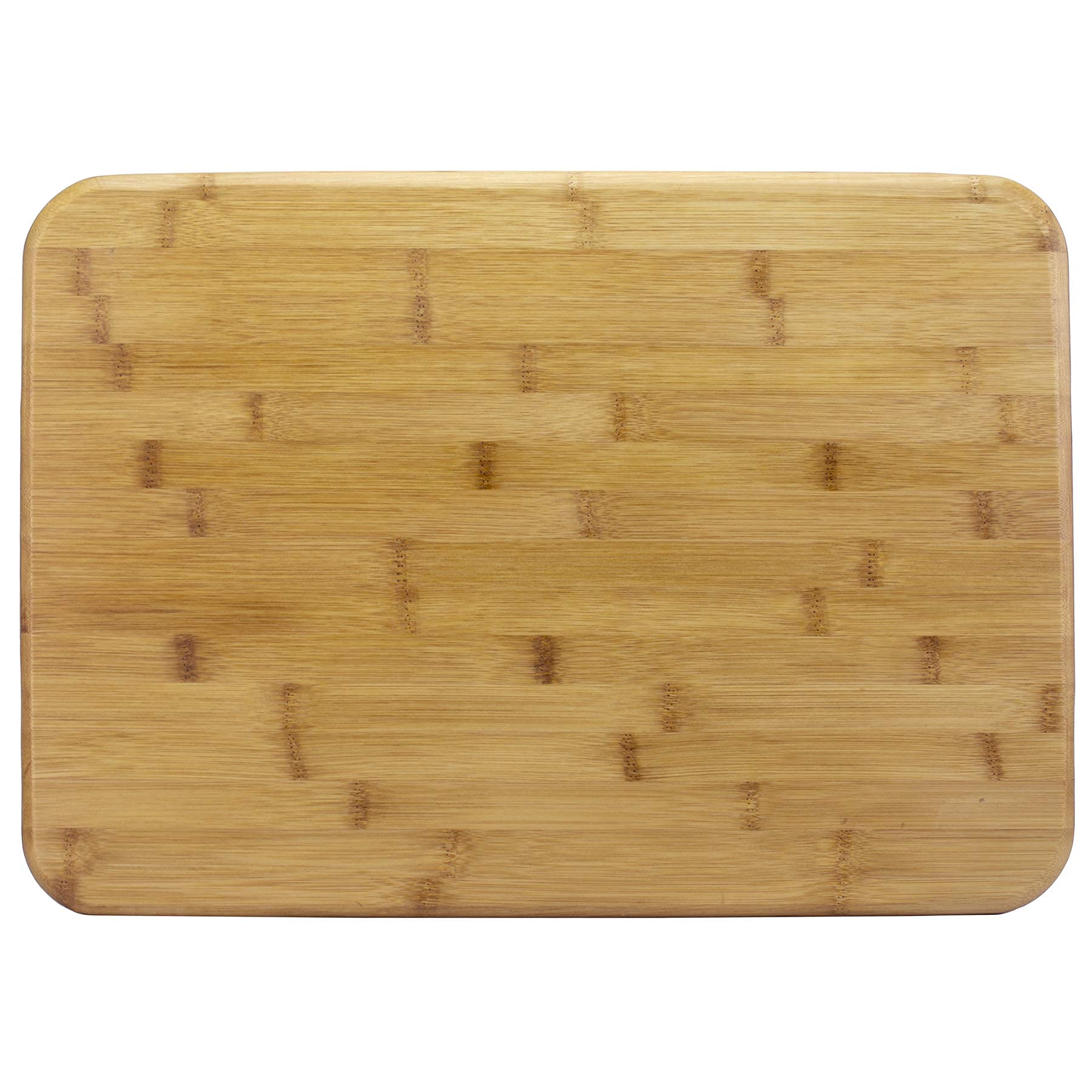 Top view of a rectangular bamboo chopping board with rounded corners and a plain flat surface