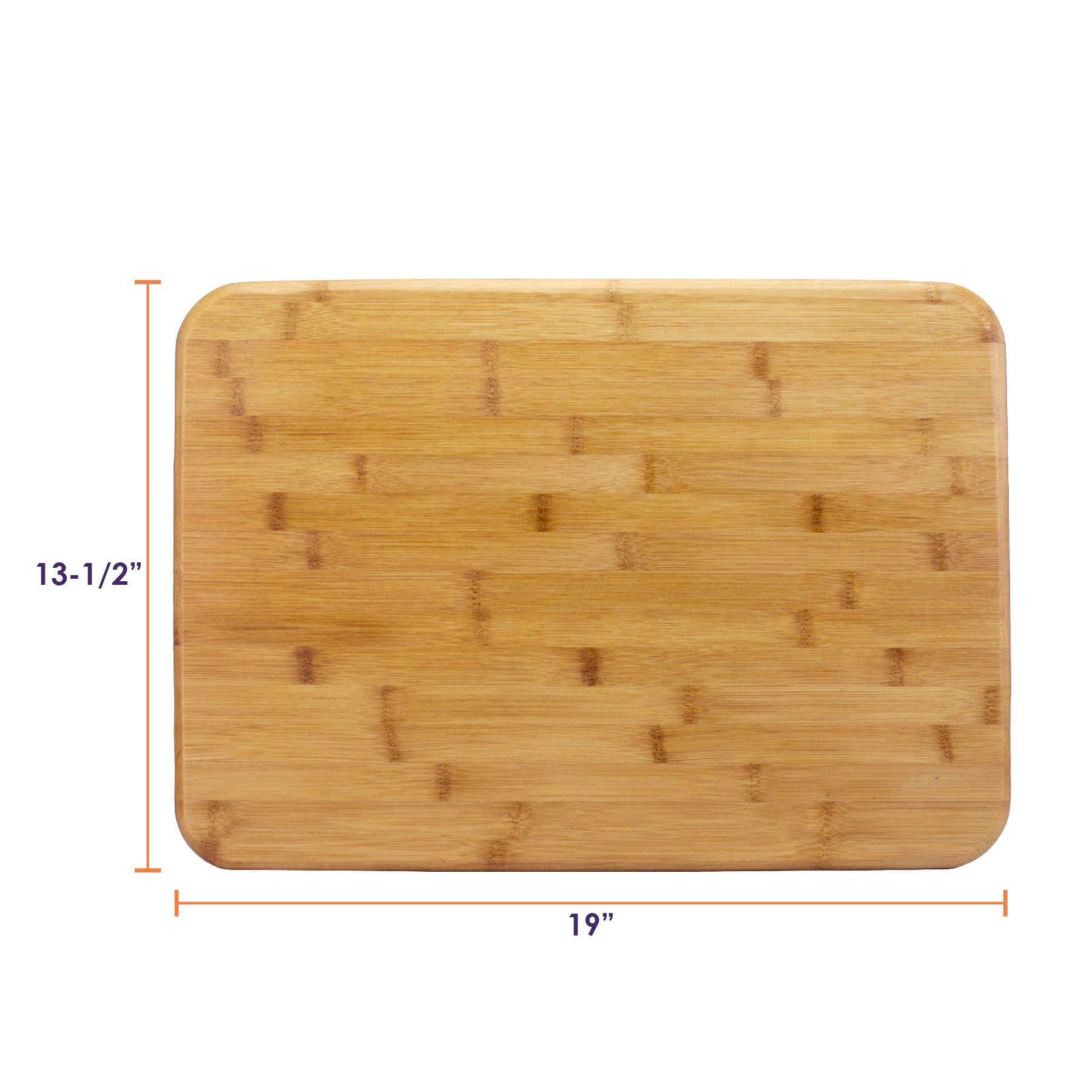 Supplied top-view dimensional illustration of the bamboo chopping board with length and width arrows