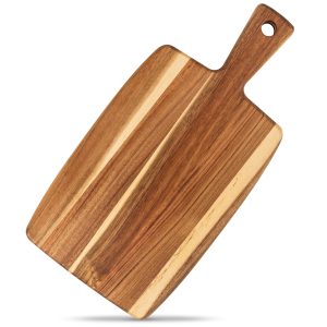 Wood cutting board with handle, a round hanging hole and contrasting light and dark grain
