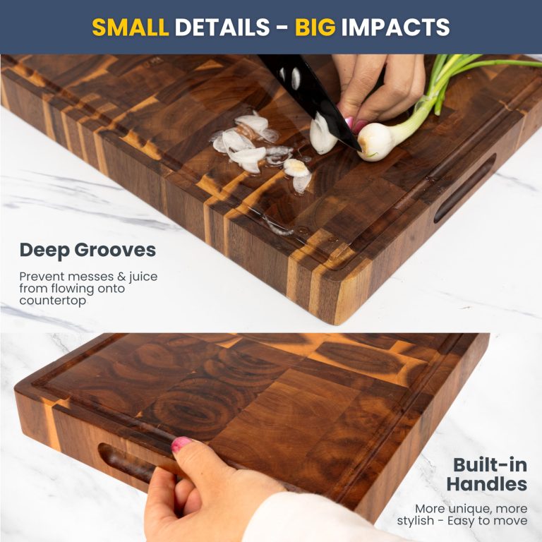 Supplied close-ups showing a wood cutting board's perimeter groove and recessed side handhold