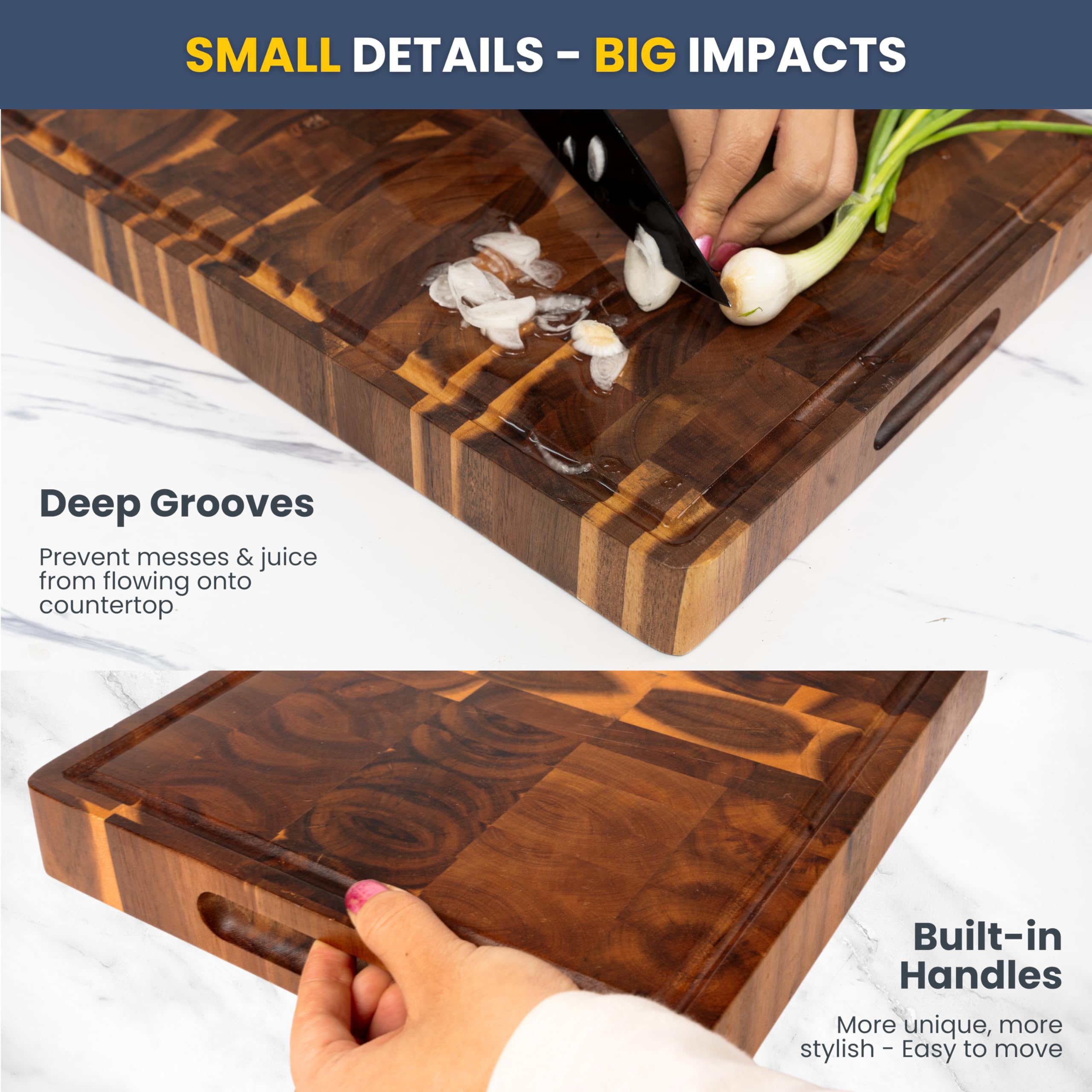 Supplied close-ups showing a wood cutting board's perimeter groove and recessed side handhold