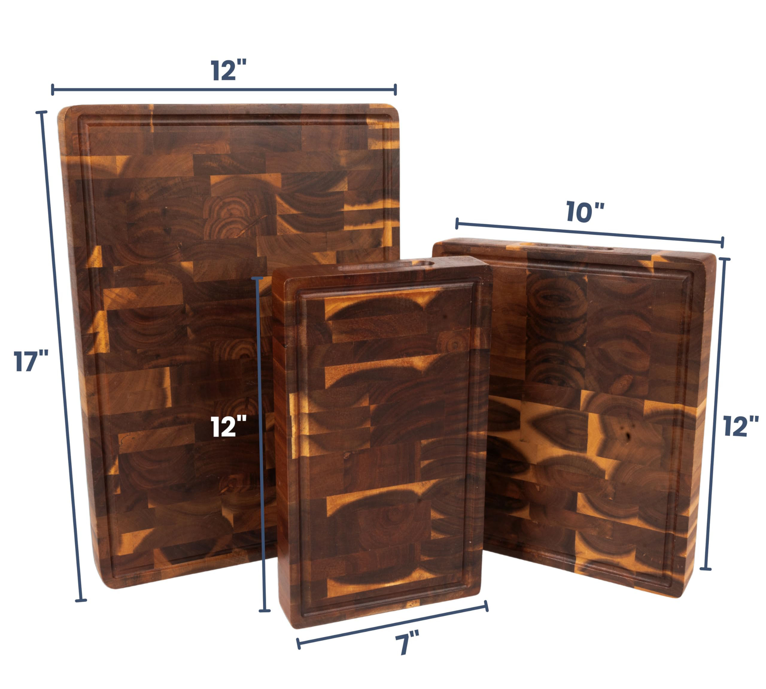 Supplied dimensional illustration showing three grooved wood cutting boards with length and width arrows