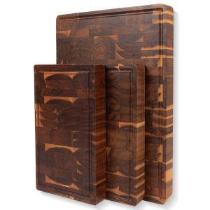Wood cutting board set with three different-size rectangular boards, perimeter grooves and dark block-patterned grain